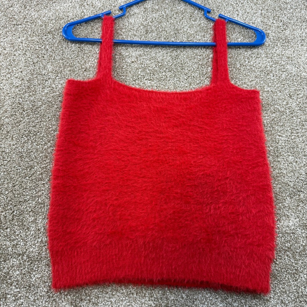 Willow & Wind Womens Red Eyelash Knit Tank Top Square Neck Fuzzy Sweater M Crop
